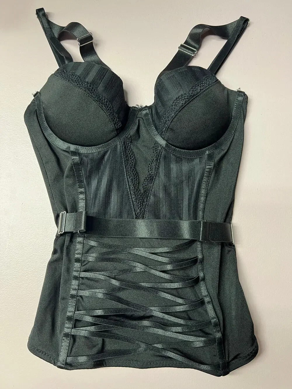 Womens Black Overbust Bustier Top XS Underwired Demi Cups Lace Adjustable Straps